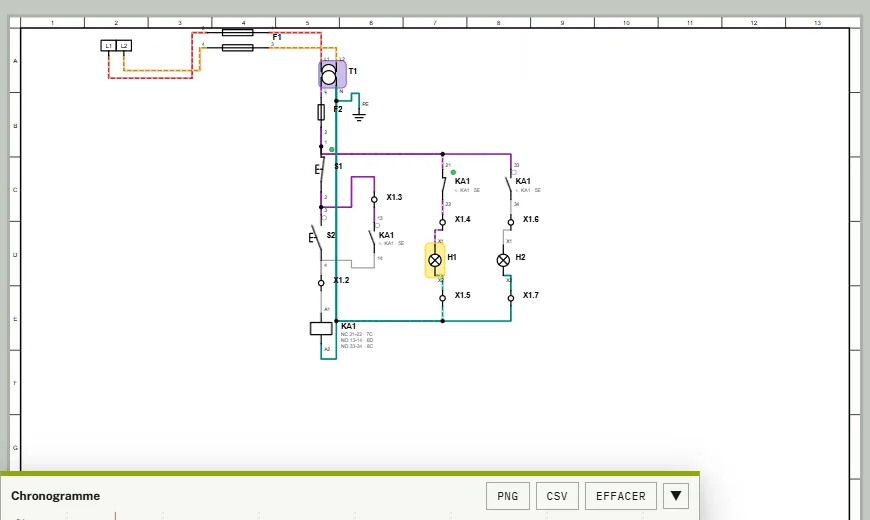 Schéma électrique d’un relais en 24 V alternatif avec bornier, en simulation : conducteurs colorés selon la tension
