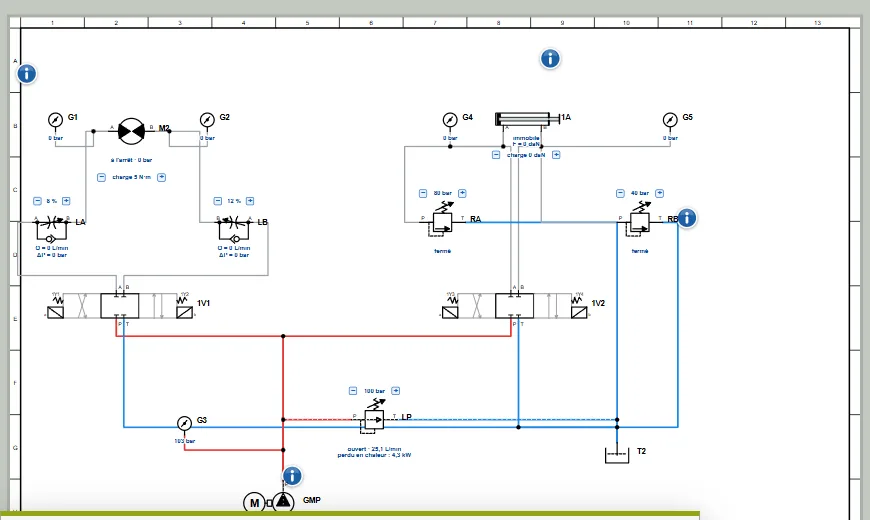 Hydraulic circuit with pump, relief valves, 4/3 valves, motor and cylinder, pressures shown in bar